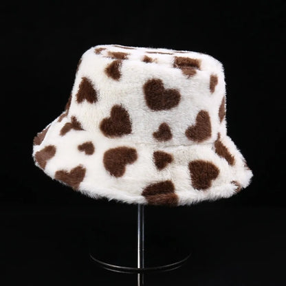 Sweet Faux Fur Fisherman Hat | Fluffy Heart Bucket Hat for Winter &amp; Casual Wear