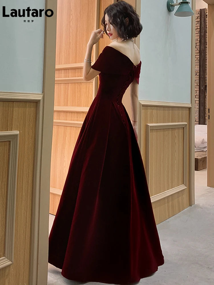 Lautaro Spring Long Luxury Elegant Wine Red Velvet Evening Dress