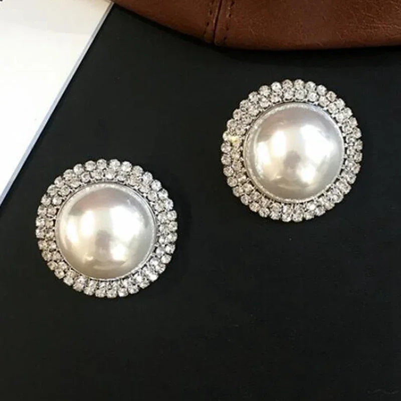 Exaggerated Rhinestone Pearl Stud Earrings for Women