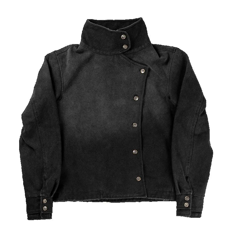 New Trendy Men Womens Black Asymmetrical Collar Short Jacket Y2K Retro Denim Coat Casual Fashion Harajuku Stand Up Collar Coat