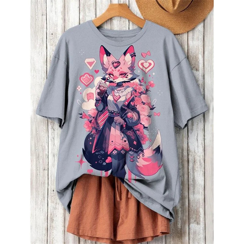 3D Printed Japanese Cat T-Shirt | Harajuku Cartoon Oversized Tee