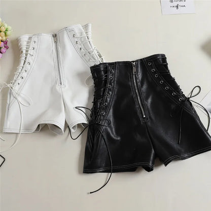 Women’s High-Waist PU Leather Shorts | Casual Wide-Leg Bow Detail