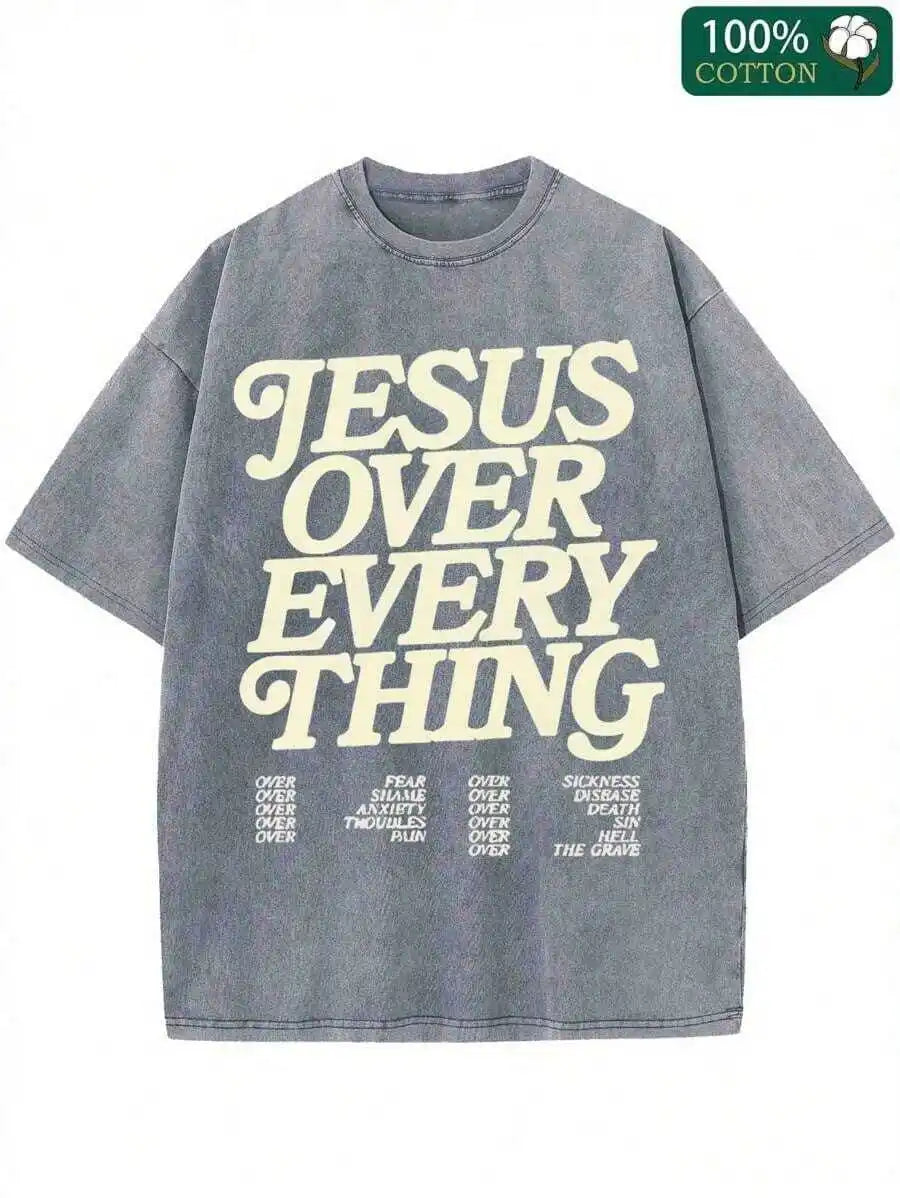 Jesus Above All Else Patterned T-Shirt-Unisex Christian Easter Shirt, Gray Cotton T-Shirt With Bold