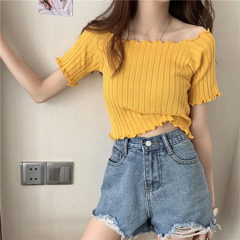 Women’s Off-Shoulder Knitted Slim Fit Knitted Short Sleeve Y2K Tee
