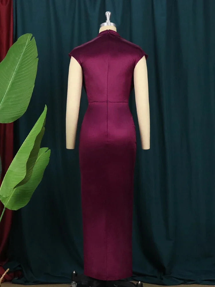 Elegant Wine Red Pleated Maxi Dress