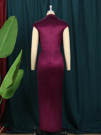 Elegant Wine Red Pleated Maxi Dress