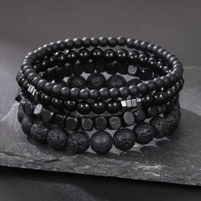 Black Volcanic Stone &amp; Wood Beads Bracelets