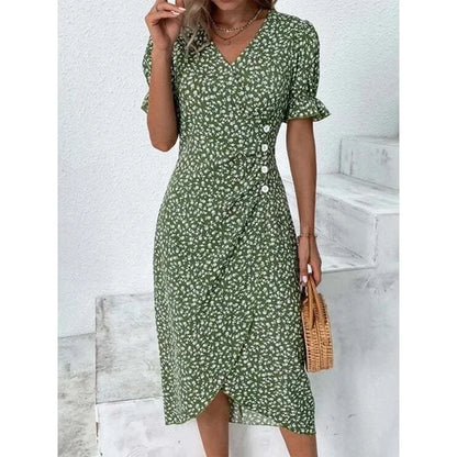 Elegant Floral Pleated Midi Dress with Puff Sleeves for Women