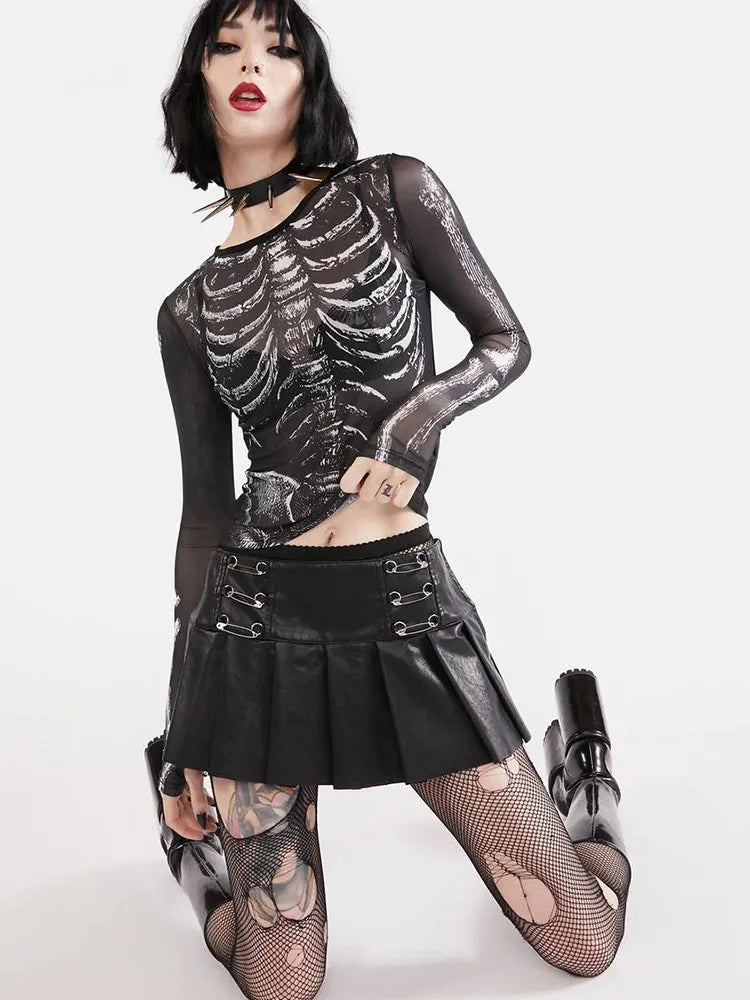 Gothic Punk Shirt Women Skeleton Pattern Crop Top