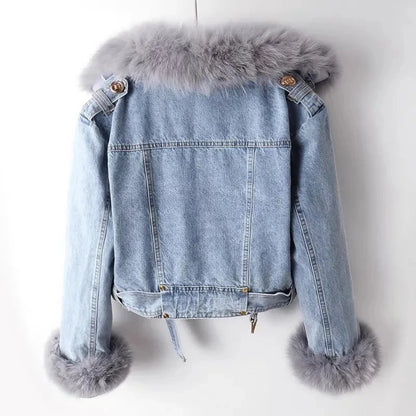2026 New Women Faux Fox Fur Collar Jean Coat Winter Jacket Female Short Warm Parkas Rabbit Hair Lining Outwear Fashion Overcoat