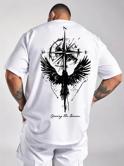 Men’s Cotton Compass &amp; Bird Print T-Shirt