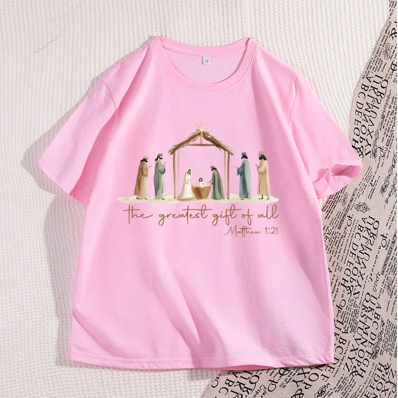 The Greatest Gift of All Tshirt Nativity Religious Christmas T Shirt Jesus Love T-Shirt Casual Cotton Round Neck Graphic Tees