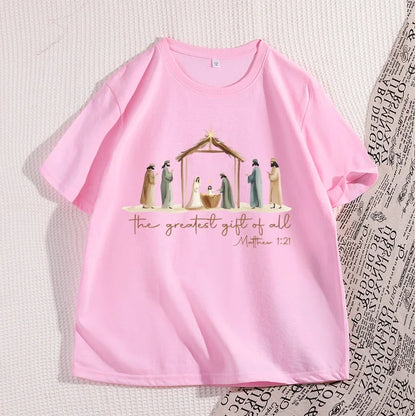The Greatest Gift of All Tshirt Nativity Religious Christmas T Shirt Jesus Love T-Shirt Casual Cotton Round Neck Graphic Tees