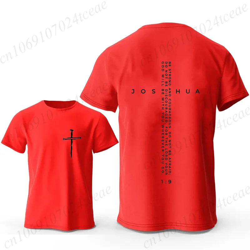 Be Strong and Courageous Bible Verse Tee, Minimalist Cross Christian Shirt T-Shirts, Inspirational Scripture Tops Gift for Faith