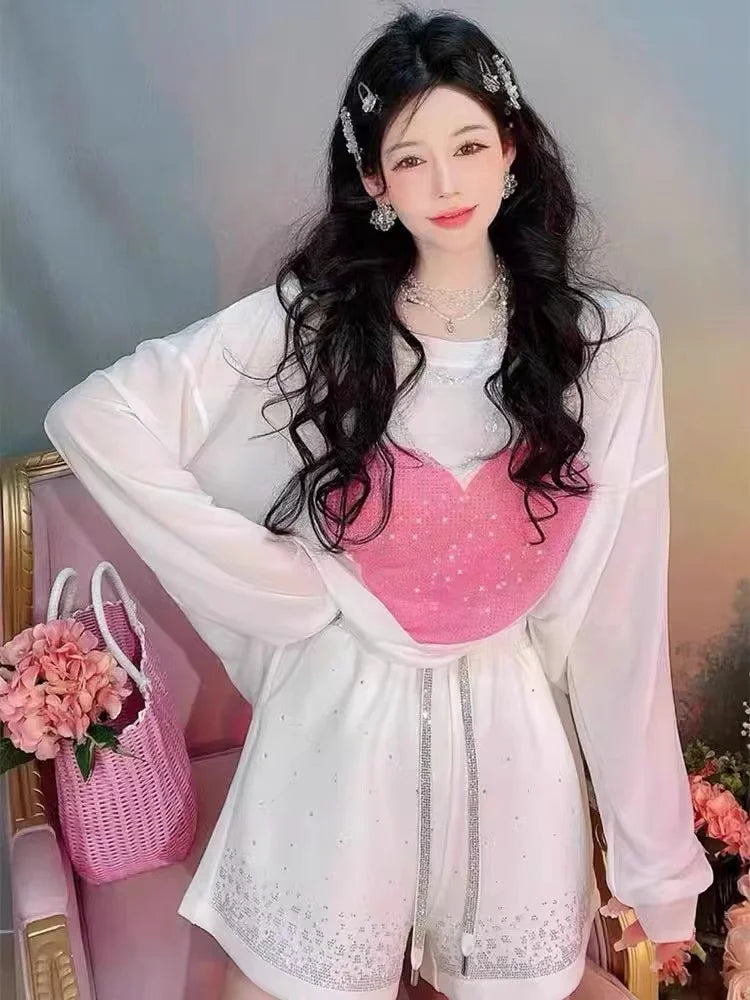 Plus Size Y2K Pink Shine Rhinestone Women’s Shorts | High-Waist Summer Hot Shorts