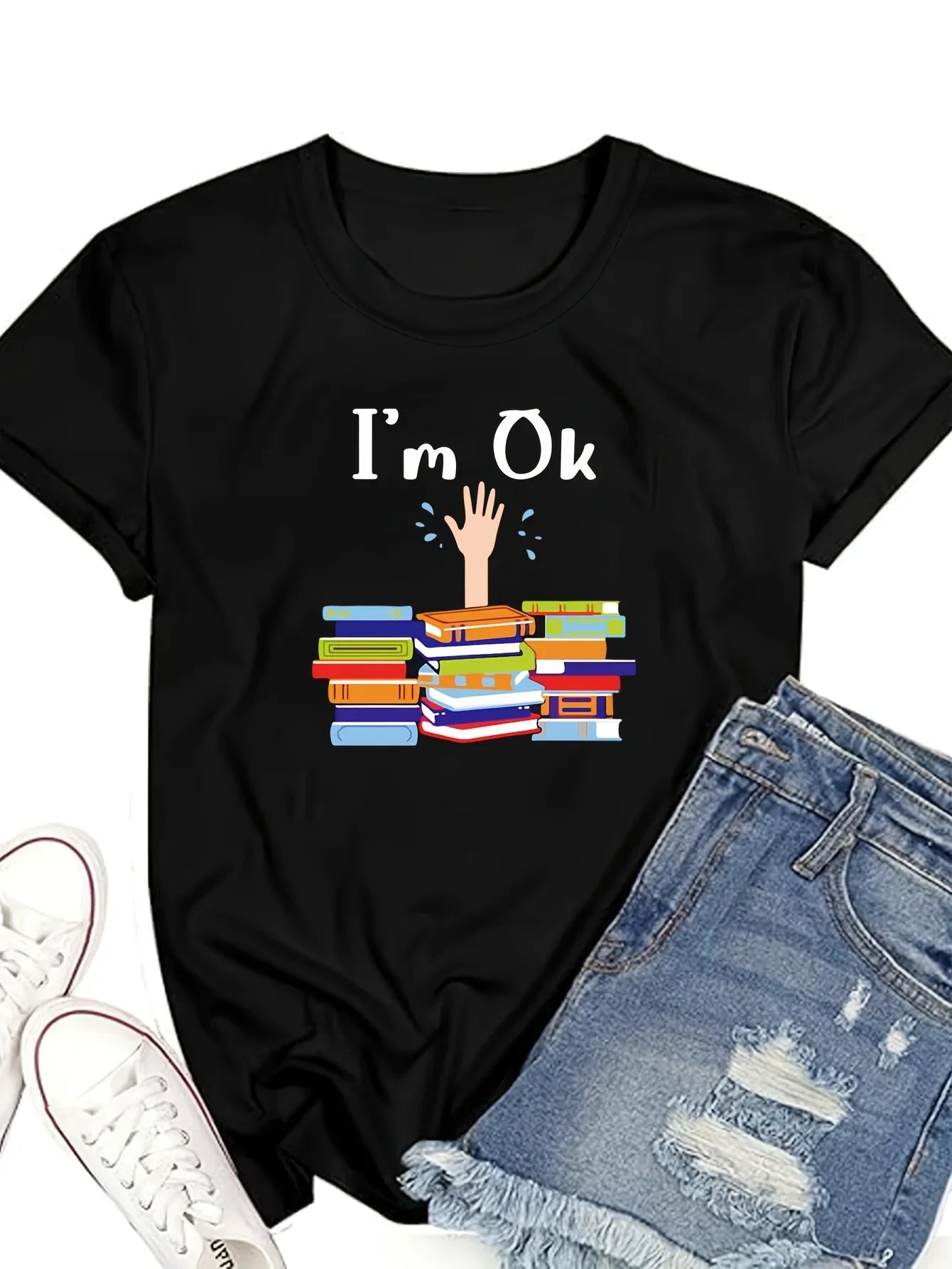 Women’s “I’m OK” Book Stack Graphic T-Shirt | Casual Y2K Short Sleeve Tee