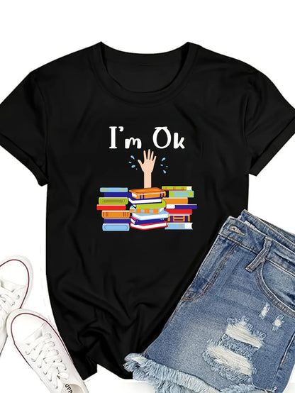 Women’s “I’m OK” Book Stack Graphic T-Shirt | Casual Y2K Short Sleeve Tee