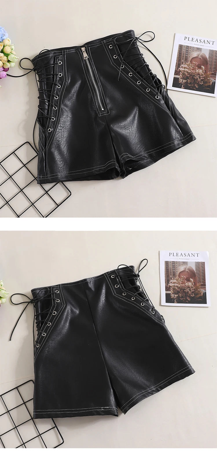 Women’s High-Waist PU Leather Shorts | Casual Wide-Leg Bow Detail