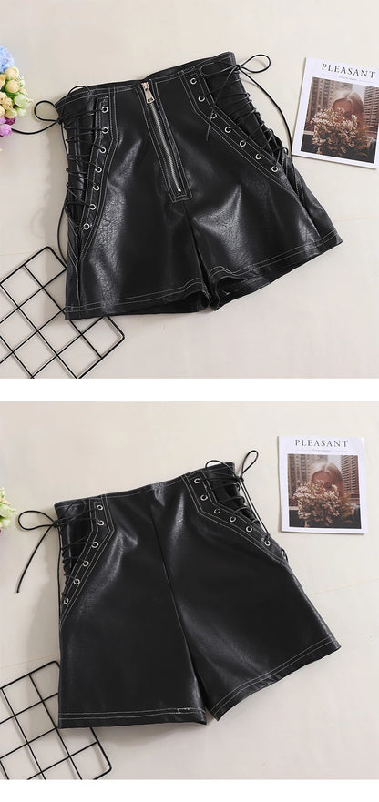 Women’s High-Waist PU Leather Shorts | Casual Wide-Leg Bow Detail