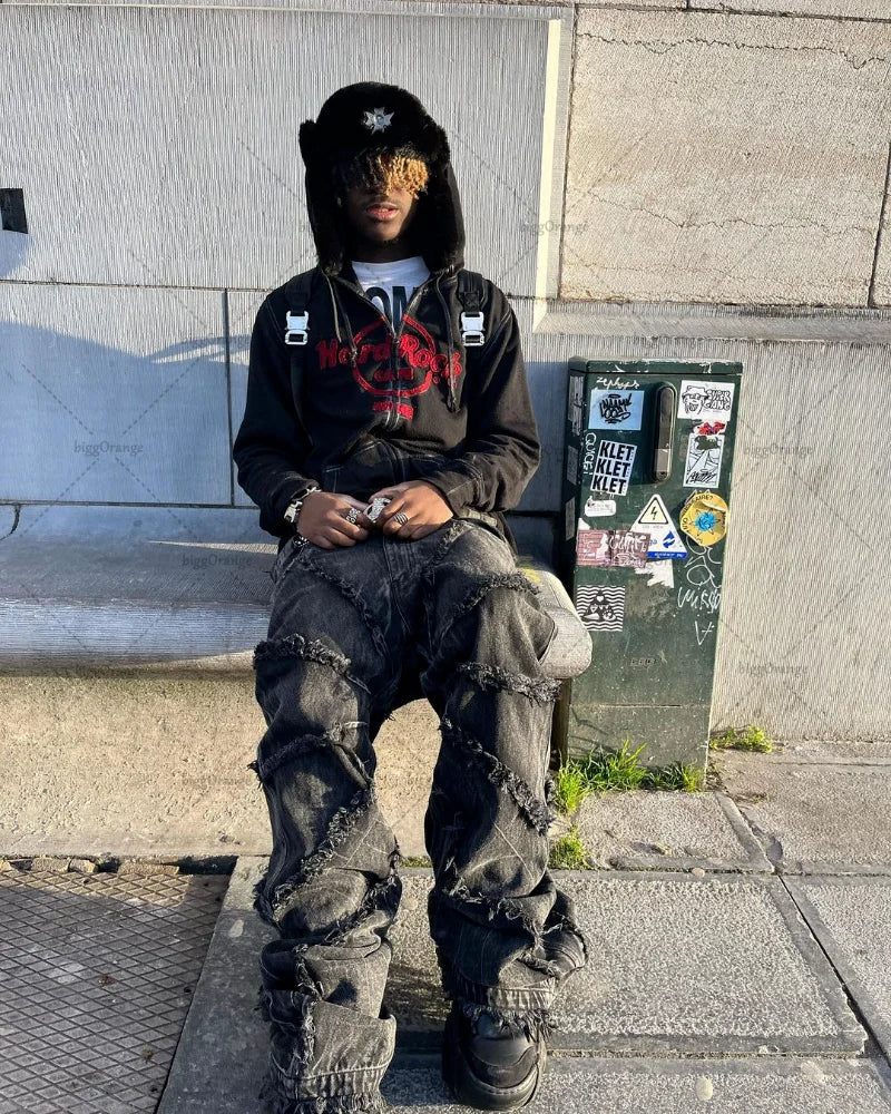 Punk Black High Waist Oversized Jeans for Men