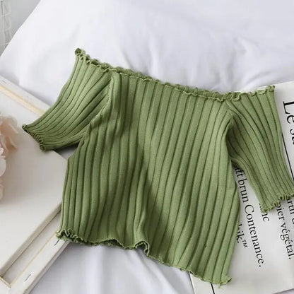 Women’s Off-Shoulder Knitted Slim Fit Knitted Short Sleeve Y2K Tee