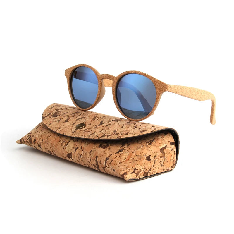 Round Bamboo Grain Polarized Sunglasses with Case – Unisex Wooden Style Shades