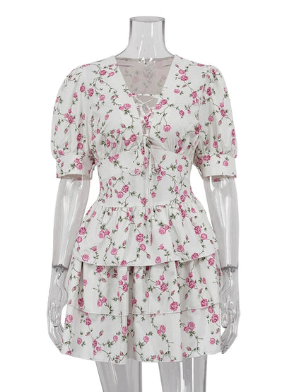 Clacive V-Neck Print Short Sleeve Mini Dress