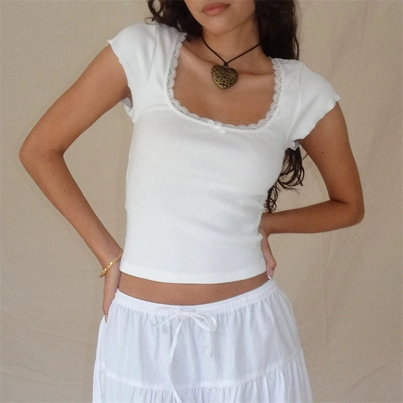 Y2K Vintage Baby Tee – Cottage Lace Trim Knitted T-Shirt