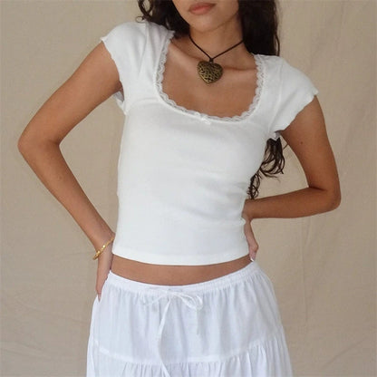 Y2K Vintage Baby Tee – Cottage Lace Trim Knitted T-Shirt