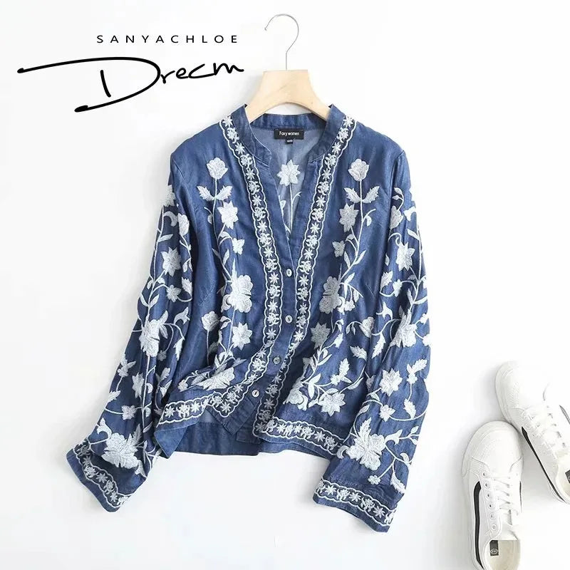 3/4 Sleeve Denim Shirt Women&