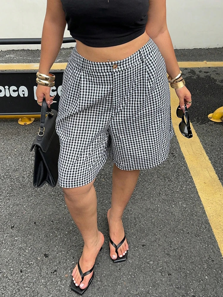 Ladies Plus Size Casual Plaid Shorts | Wide Leg Button Fly Summer Trousers