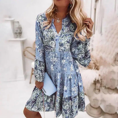 Floral V Neck Dress Long Sleeve Boho Beach
