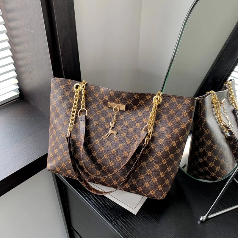 Soft Leather Plaid Shoulder Tote Bag