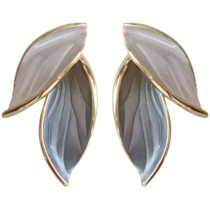Elegant Grey Leaf Stud Earrings Vintage Style for Women