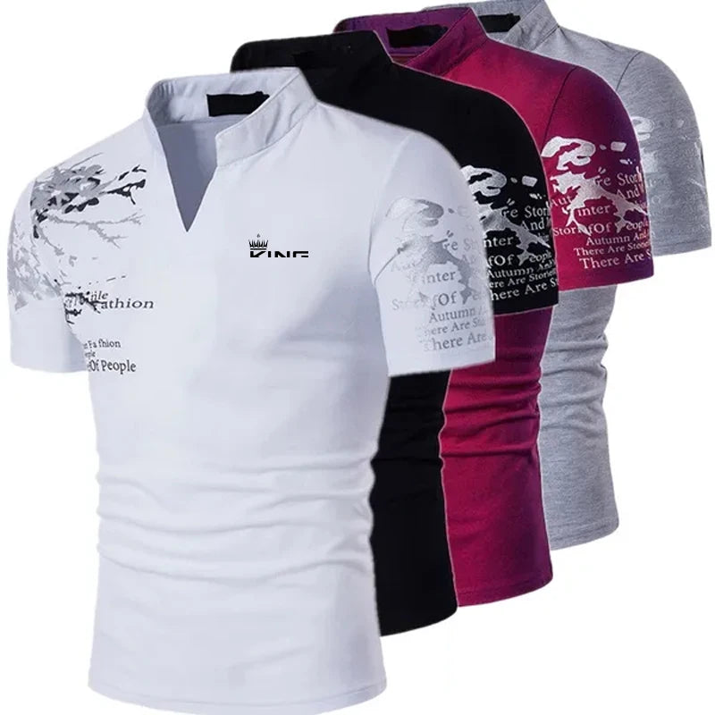 Men’s V-Neck Graphic Polo Shirt | Casual Summer Golf &amp; Streetwear Top