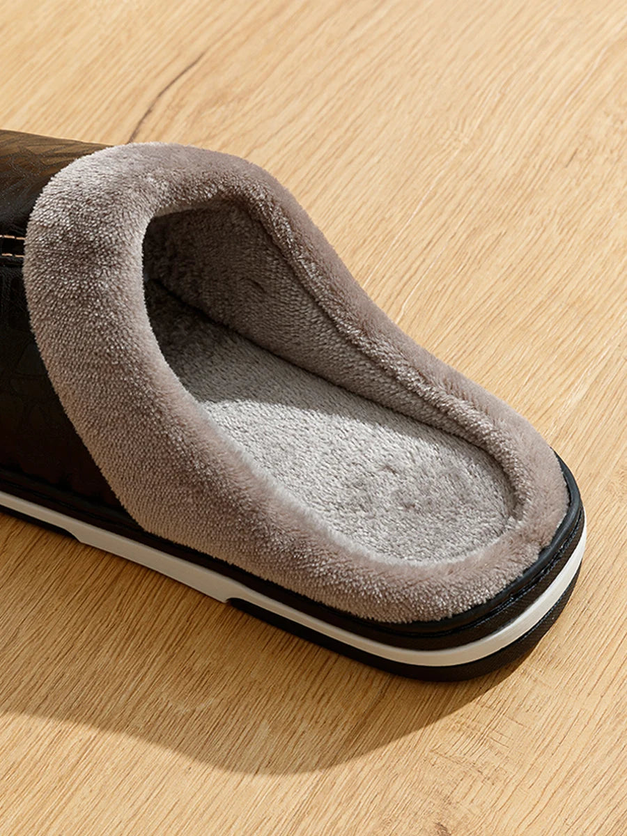 Men’s Winter PU Leather Slippers | Warm &amp; Waterproof Indoor Shoes