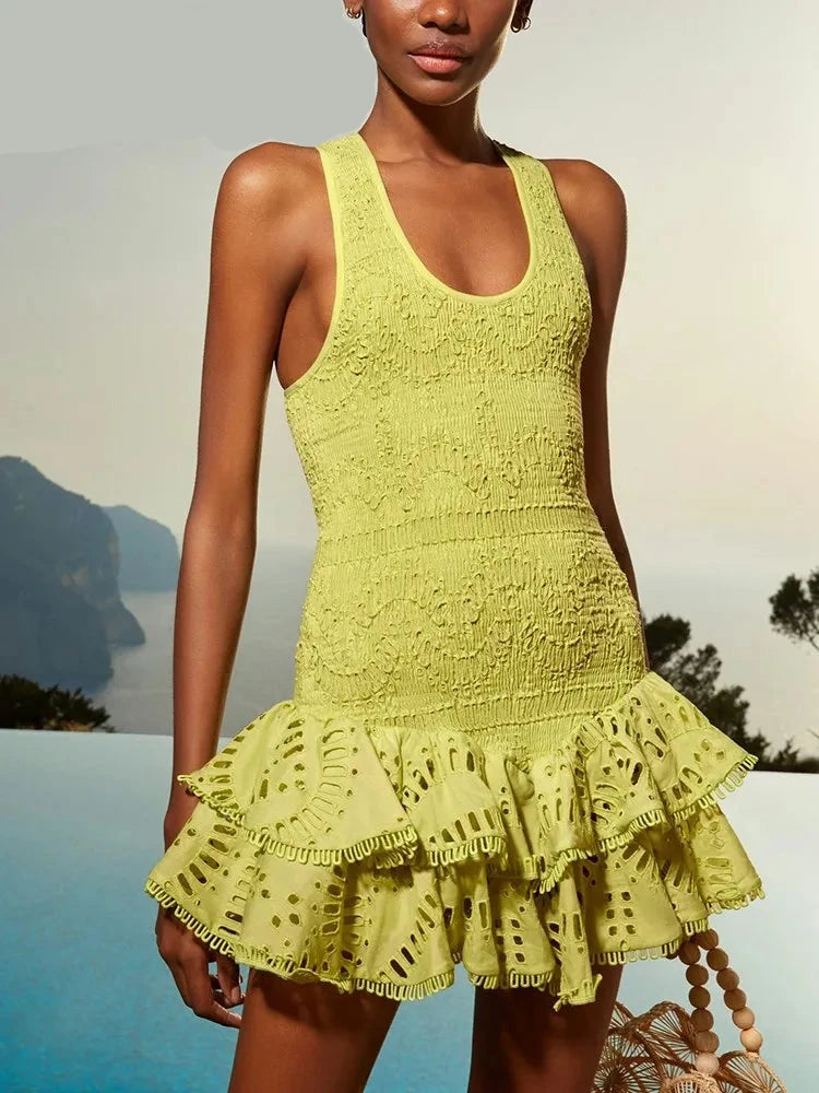 TWOTWINSTYLE Embroidery Solid Mini Dress