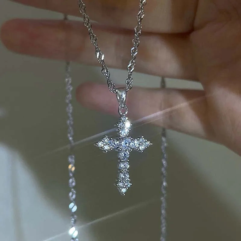Silver Crystal Cross Pendant Necklace