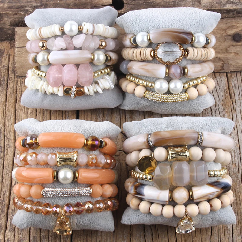 RH Fashion Bohemia Beaded Jewelry Big Elbow 5pc Stack Stone Bracelets Set