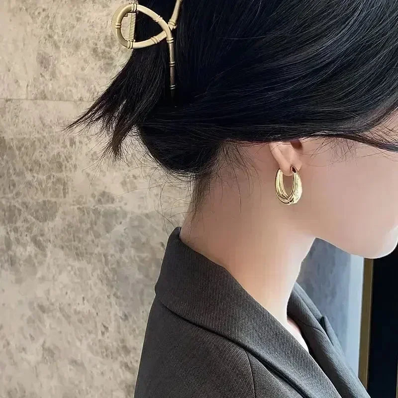 Minimalist Geometric Trendy Oval Design Gold Hoop Earrings for Women