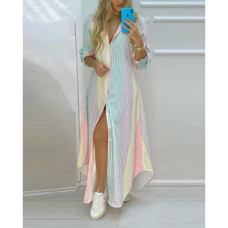 Boho Maxi Dress Turn Down Collar &amp; Long Sleeves
