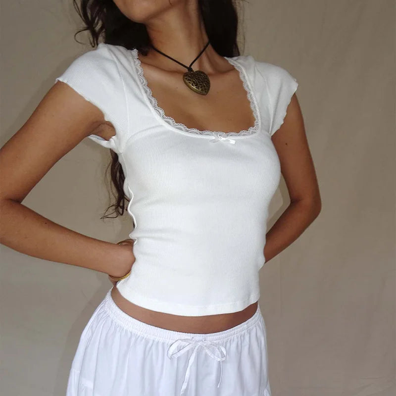 Y2K Vintage Baby Tee – Cottage Lace Trim Knitted T-Shirt
