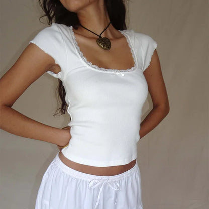 Y2K Vintage Baby Tee – Cottage Lace Trim Knitted T-Shirt