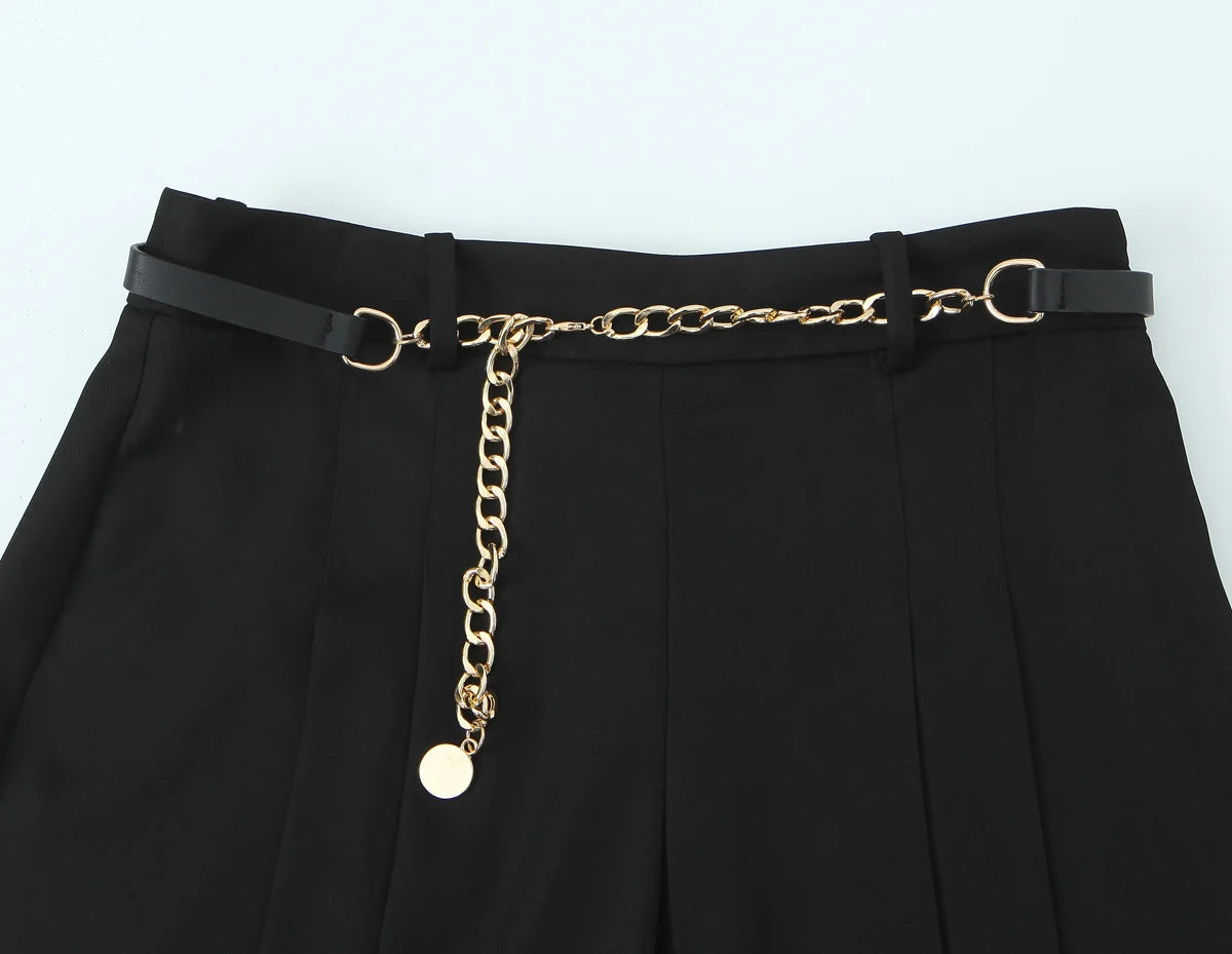 Vintage High-Waist Straight Trousers with Belt | Knee-Length Wide Leg Pants