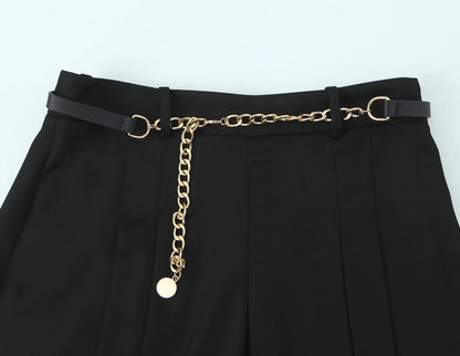 Vintage High-Waist Straight Trousers with Belt | Knee-Length Wide Leg Pants