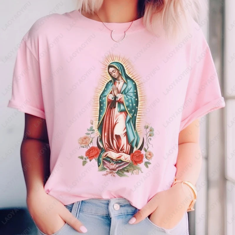 Virgen De Guadalupe Mary Tshirt Catholic Gift Mexican Religious Women Men Camisetas Christian Trend Tees Comfortable Cotton Tops