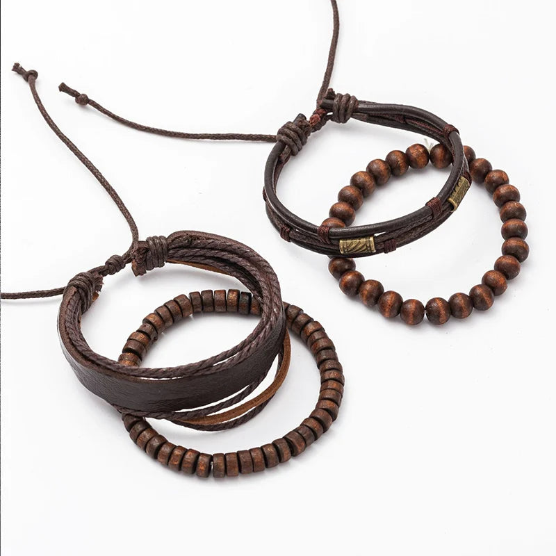 Vintage Multi-Layer Wooden Bead & Leather Bracelet Set