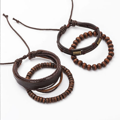 Vintage Multi-Layer Wooden Bead &amp; Leather Bracelet Set