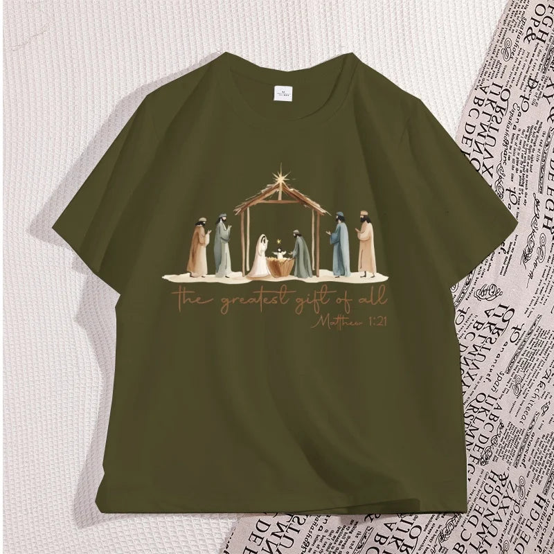 The Greatest Gift of All Tshirt Nativity Religious Christmas T Shirt Jesus Love T-Shirt Casual Cotton Round Neck Graphic Tees