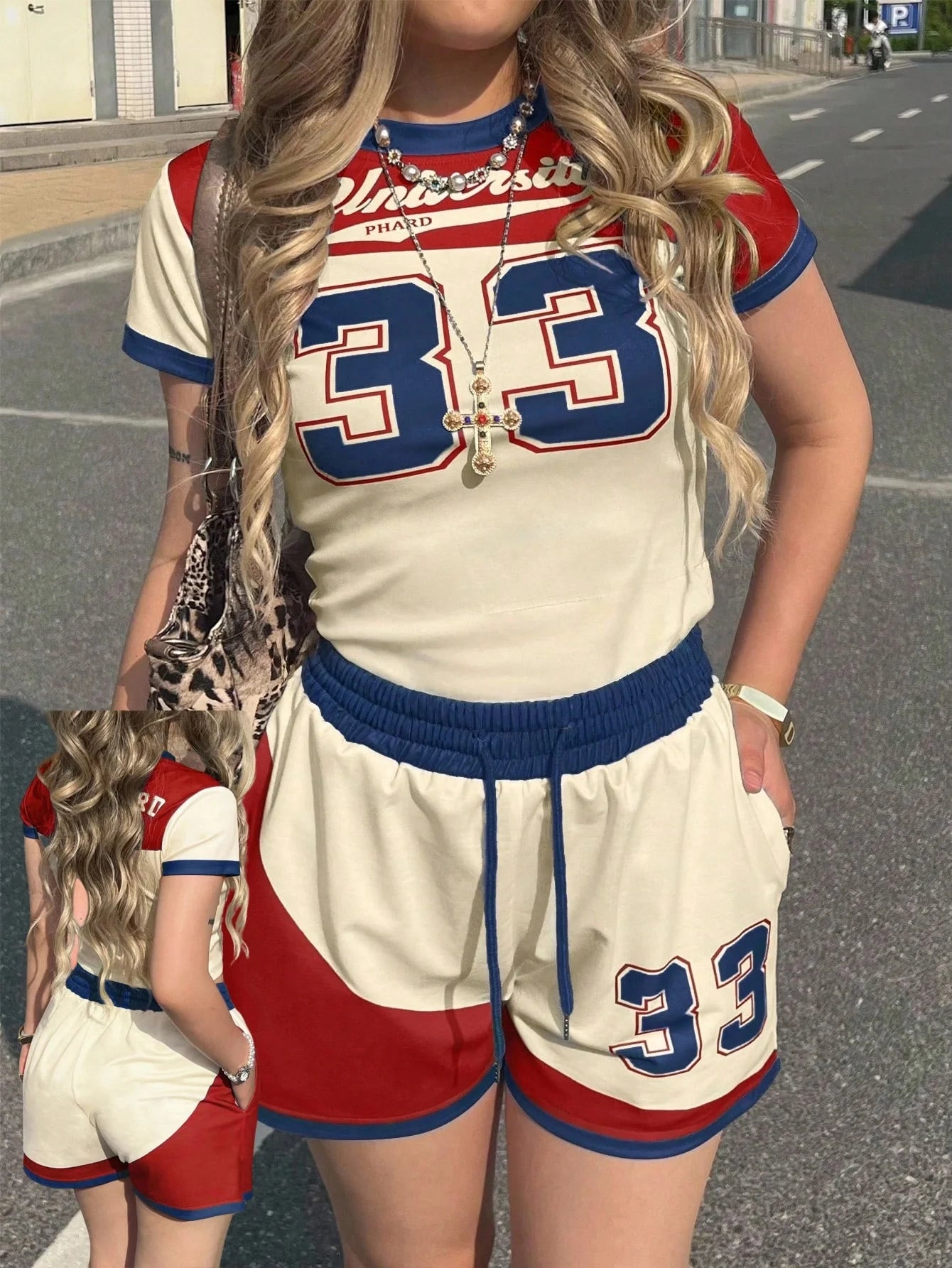 New Summer American Street Trend Spicy Girl Ins Style 33 Jersey Element T-shirt Set Casual Adult Oversized Women&